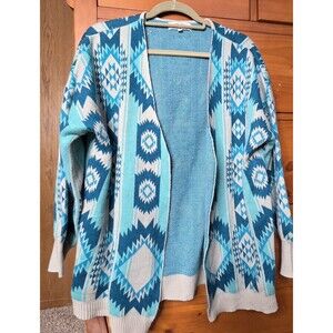 Crazy Train Cardigan Sweater Size Large Blue Southwestern Aztec Western Cowgirl